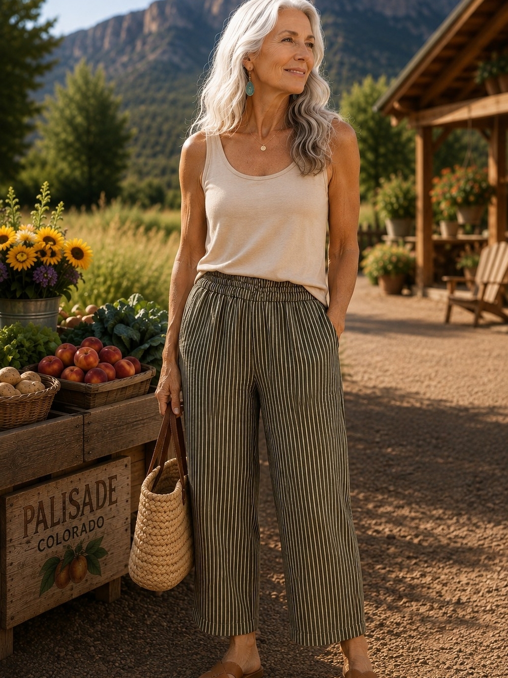100% Linen Olive Green Pinstripe Pull-On Pants Women's L Wide Leg Crop Pocket